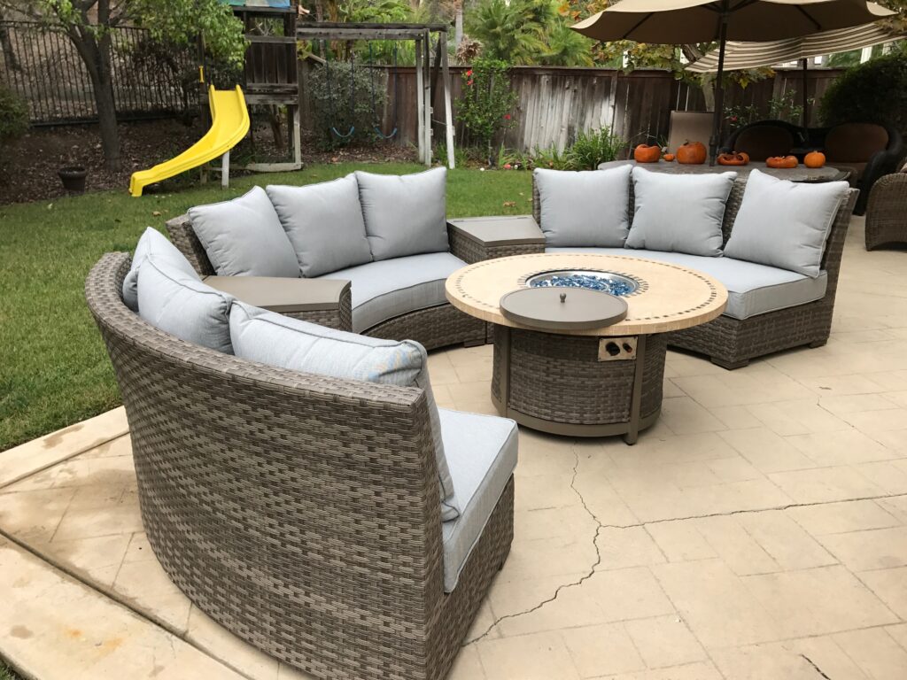 Bermuda Circular Platinum Wicker Sofa and Fire Table Set