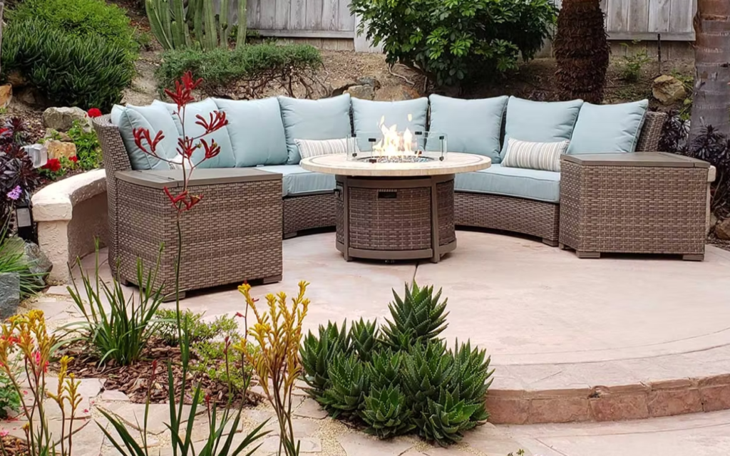 Bermuda Circular Platinum Wicker Sofa and Fire Table Set